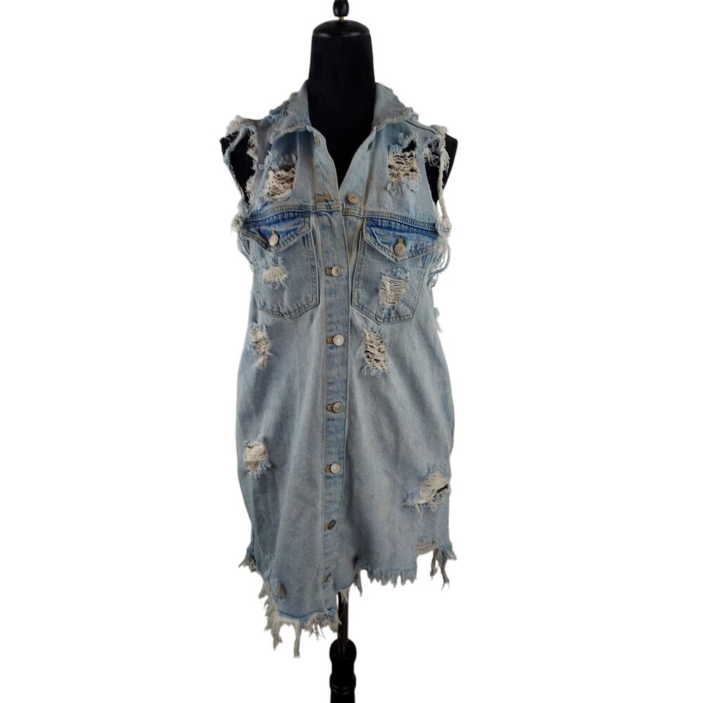 Zara TRF Distressed Ripped Sleeveless Light Wash Denim Dress or Long Vest Small